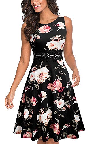 HOMEYEE Damen Vintage Rundhalsausschnitt ärmellosen Blumen Bestickt knielangen Cocktailkleid UKA079 (L, Schwarz + Weiß Floral)