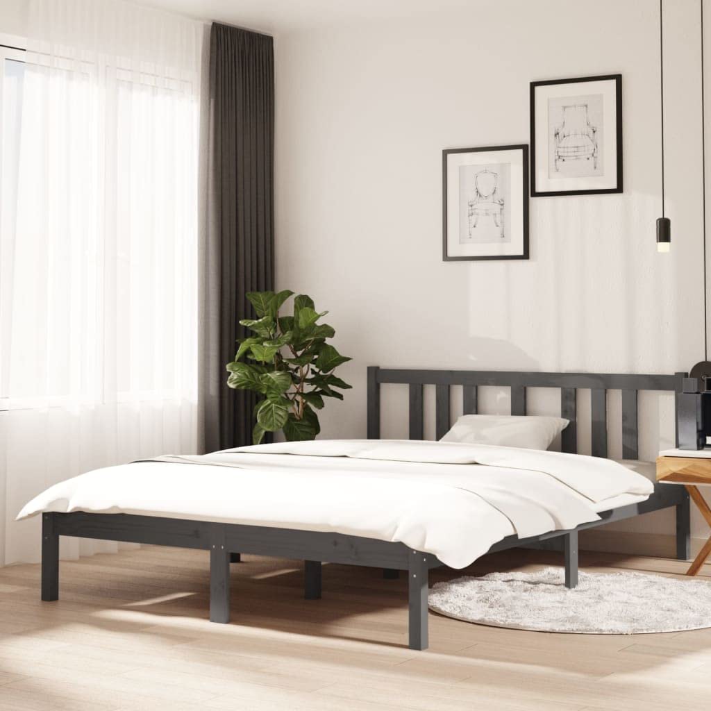 Lite drewno sosnowe Nowoczesna sypialnia 135x190 cm Szary | Rama łóżka podwójna 135x190 cm szara lite drewno sosnowe z zagłówkiem stabilna