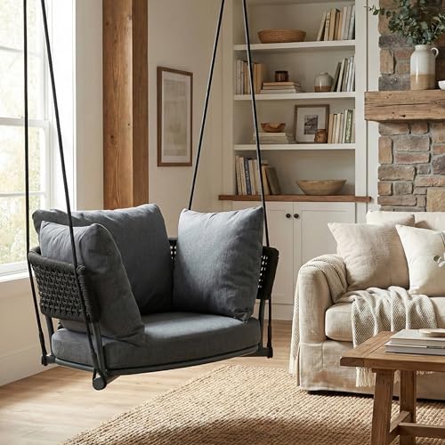 Image of Single Porch Swings Chair with Cushions, Hanging Rope Swing, Hanging Chair for Bedroom, Hammock Chairs Swing Indoor & Outdoor, Macrame Hanging Swinging, Patio, Balcony, Dark Grey