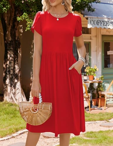 Image of HOTOUCH Women's Summer A-Line Midi Dresses 2026 Casual Floral Short Sleeve T-Shirt Dress Flowy Beach Sundress with Pockets