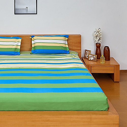 Image of Amazon Brand - Solimo Silk Finish Spectra Stripe 180 TC 100% Cotton Double Bedsheet with 2 Pillow Covers - Green