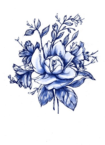 Blue Vintage Flower Temporary Tattoo - Realistic Body Art - Gift - Accessory - Wedding - Set of 2 Temporary Tattoos, 4" x 3.5"