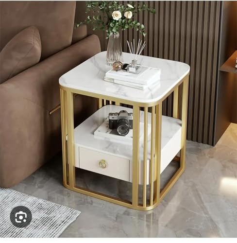 Image of Style Round End Table with Storage, Drawer 2-Tier Shelf Nightstand Gold Metal Frame Marble Look Sofa Side Coffee Table for Living Room Bedroom Balcony Patio (White Gold)