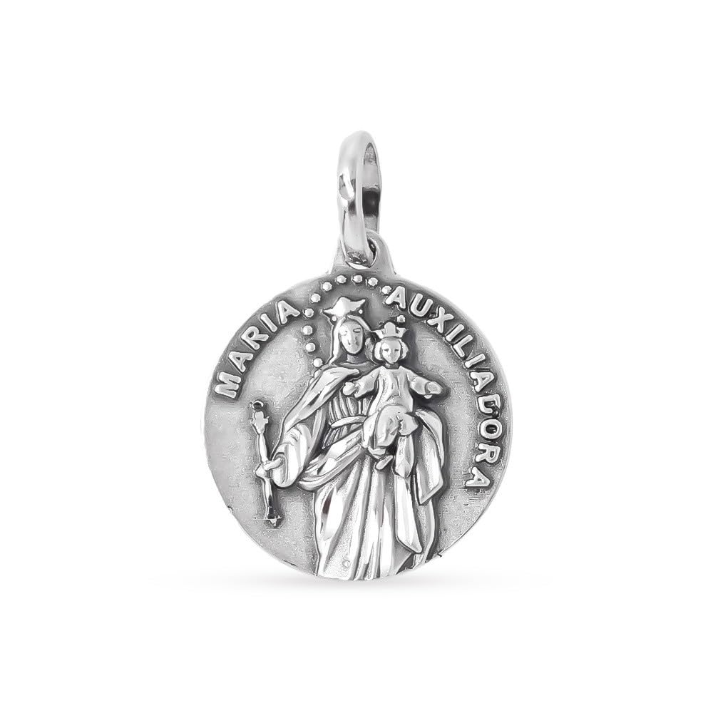 Virgen María Auxiliadora Medalla Plata Ley 925m maciza 17mm. detalles tallados