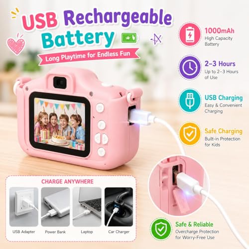 Image of Brand Conquer Kids Camera for Girls with Unicorn Design, HD Digital Camera for Children Age 3-10, Rechargeable Mini Toddler Camera with 2.4 inch IPS Screen, Selfie, Video Recording, Games & Strap (Pink)