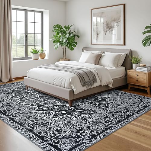 KUTA Area Rugs 9x12 Living Room, Vintage Medallion Washable Large Rug for Bedroom 9ft x 12ft Non-Slip, Ultra Soft Printed Modern Floral Distressed Low-Pile Dining Room Carpet Black