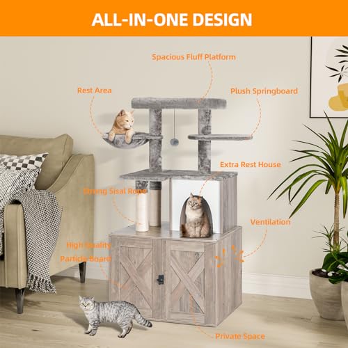 Snughome Cat Litter Box Enclosure with Tree Tower and Condo, Hidden Washroom Furniture with Sisal Scratching Post and Soft Plush Perch, Wooden Cat Furniture with Multiple Platforms, Grey