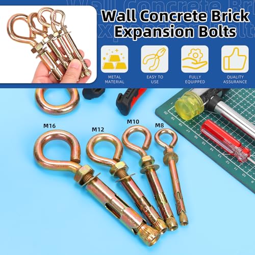 Image of Glarks 8pcs M8 Concrete Eye Bolts, Carbon Steel Expansion Screws Closed Hook Bolts, Colored Zinc Plated Expansion Eye Bolt Screw Anchor for Wall Masonry Concrete Expansion Heavy Duty Bolts