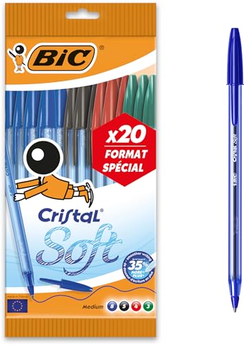 BIC Cristal Soft Stylos-Bille Pointe Moyenne (1,2 mm) - Écriture Douce et Fluide - Couleurs Assorties, Pochette Format Spécial de 20