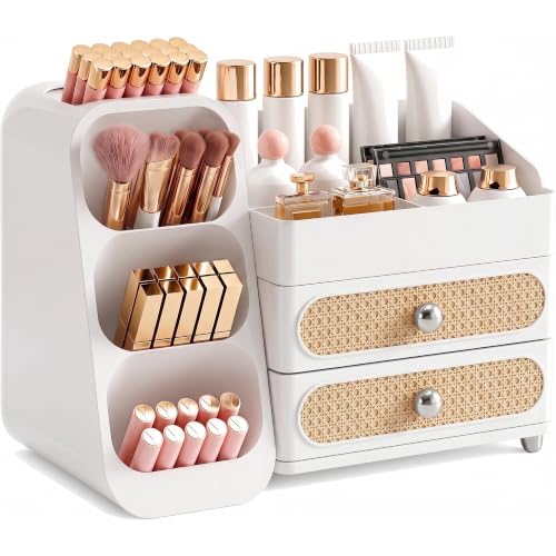 Image of Booklov Makeup Organizer for Vanity, Large Capacity Cosmetic Display Case with Drawers, Countertop Beauty Storage Holder for Skincare, Brush Eyeliner Perfume Eyeshadow Lipsticks, Counter Desk, White
