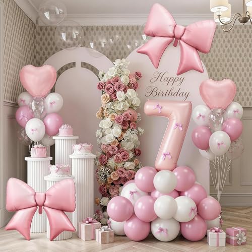 Image of 7th Birthday Decorations for Girl,Pink 7 Balloons for Party Decorations | 7 Year Old Birthday Decoration,Anniversary Party Decor,Pink White Balloons,Bow Print Balloons,Heart Balloons