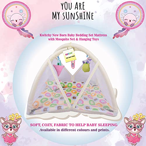 Image of Kwitchy Baby Bedding Set New Born Baby Bed | Mattress | Mosquito Net | Play Gym | Playmats | Floor Gym | Cotton | Infants | Gift Pack | Bed with Hanging Toys (0-6 Months) Yellow