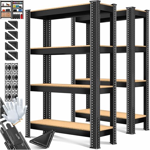 MASKO® 2er-Set Lagerregal Schwerlastregal, Kellerregal, 160 x 80 x 40 cm, bis 700kg belastbar, 4 verstellbare Ablagen, MDF-Platten Regal aus Metall, Steckregal, Werkstattregal, Keller, Garage Schwarz