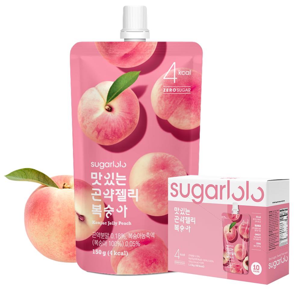 Sugarlolo Konjac Sweet Peach Jelly 10 Pack - Vegan Healthy Drinkable Jello, Sugar Free | 4 Calories per Pouch | Low Calorie Korean Fruit Snacks 5.29 Oz (150g)