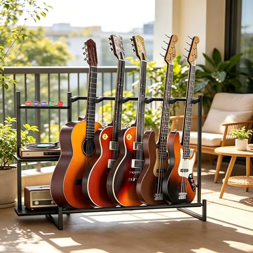 YAHKBTEN Guitar Stands Floor with 5 Guitar Holders, Multi Guitar Stand for Acoustic Electric Bass...