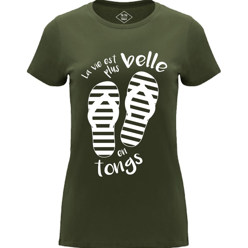 T-shirt femme kaki La Vie est Plus Belle en Tongs haut estival col rond taille S au XL - 3