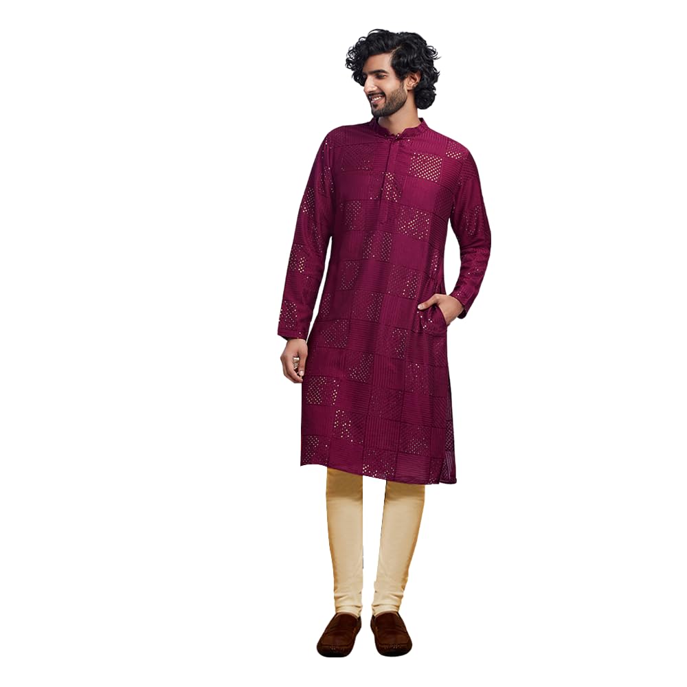 Kisah Men's Kurta Churidar Set, Burgundy Cotton, Embellished Long Sleeves Regular Fit Mandarin Collar (Small)