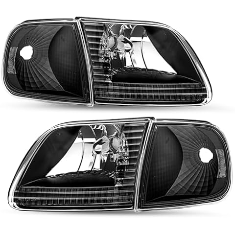 SOCKIR Headlight Assembly Replacement Fits for 1997-2003 F150 2004 F150 Heritage 1997-2002 Expedition 1997-1999 F250 Light Duty with Corner Lights 4pcs (Black Housing with Clear Reflector) Cover