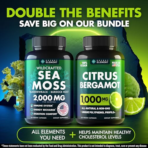 Citrus Bergamot & Sea Moss Capsules Bundle - Support Heart Wellness, Boost Immunity & Energy, Promote Healthy Aging, Enhance Overall Wellness - 240 Vegan Capsules