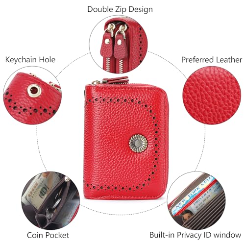 Image of GOIACII RFID Credit Card Holder Wallet, Small Genuine Leather Wallet for Women 2 Zipper