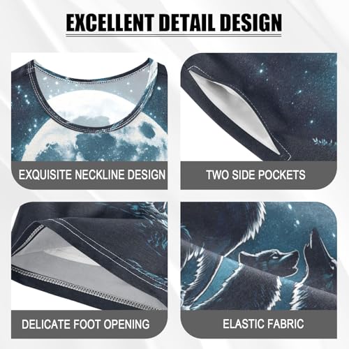 ALAZA Howling Wolf Moon Starry Dark Pajamas Set Short Sleeve Cotton Sleepwear Summer Pjs 2 Piece 5-14Y4