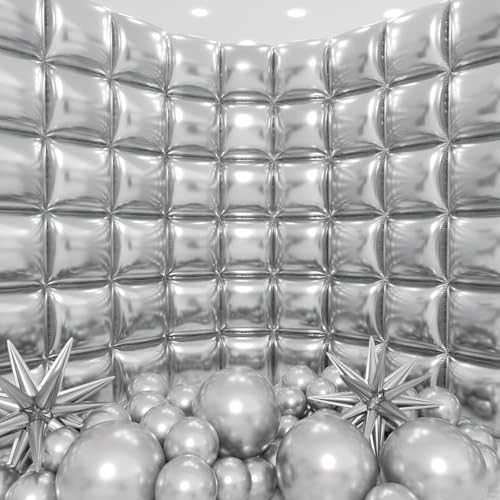 HKYOOD 50pcs Metallic Silver Square Foil Balloons Wall Backdrop with 79pcs Metallic Silver Balloon Garland Arch Kit Double Sided Balloon Tunnel for Anniversary Engagement Birthday Prom Decorations