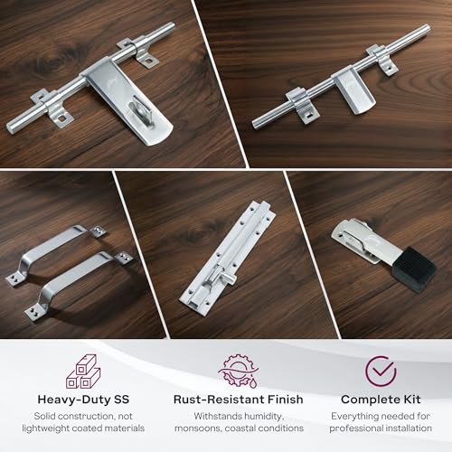 Image of Godrej Door Fittings |SS Door Kit | 2N Handle, 2N Aldrop, Tower Bolt, Rubber Door Stopper | Glossy Finish, Heavy Duty Anti-Rust | Main Doors & Internal Doors, Bedroom | Screws are Included