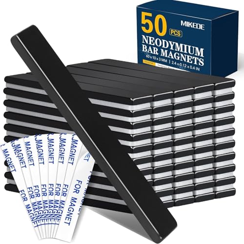 MIKEDE 50 Pack Neodymium Bar Magnets with Adhesive Backing 60x10x3mm Black