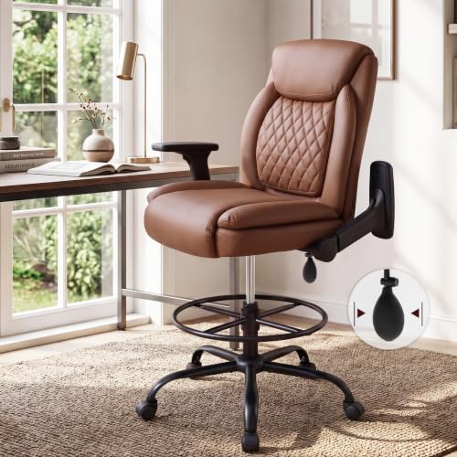 Image of Drafting Chair,Executive Tall Office Chair Flip-up Armrests for Counter Height Desk Drawing Use,High Task Chair with Adjustable Foot Ring & Inflatable Lumbar Support, Swivel Computer Stool,PU Brown