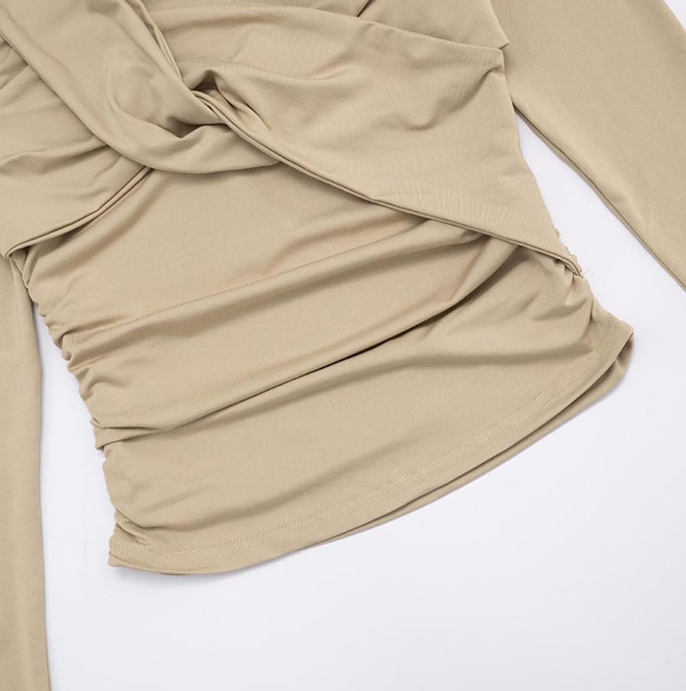 Women's One Off Shoulder Twist Knot Cutout Tops Long Sleeve Ruched Tank Asymmetrical Shirts Slim Y2K Pleat Tee Blouse - Image 6