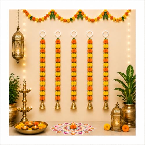 Image of Bindian Artificial Marigold Flower Toran 2.5 Ft Yellow Orange with Leaf & Bells | Decorative Bandanwar for Diwali, Pooja, Wedding, Festival, Home Entrance & Wall Decoration (Pack of 5)