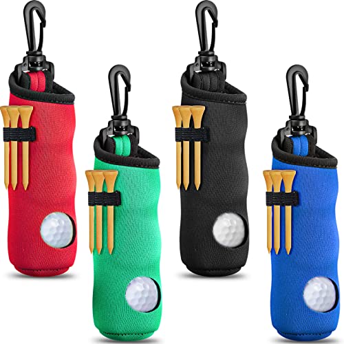Chivao 4 Pieces Golf Tee Holder Golf Ball Carry Bag Pouch Ball Holder Keychain Belt Clip Gifts Accessories(Black Red Blue Green Simple)