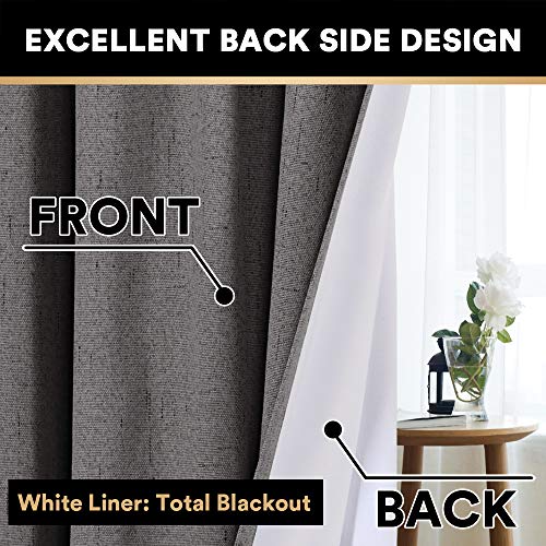 100% Blackout Curtains Primitive Linen Textured Curtain Drapes For Bedroom Full Light Blocking Window Curtains Draperies For Living Burlap Fabric Soft With White Liner (52"W X 63"L, Grey) #TOP4