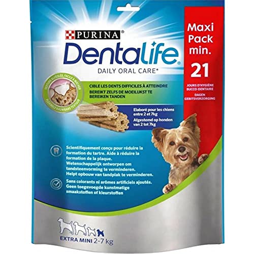 Purina DentaLife Bâtonnets pour Chiens Extra Mini 2 à 7kg Texture Alvéolée Facile à Mâcher Maxi Format 207g (Lot de 4 sa