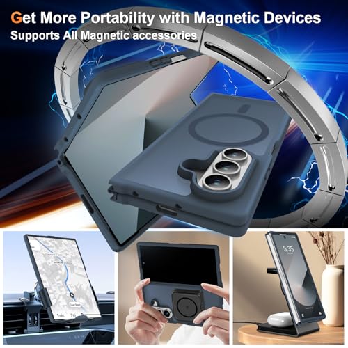 Image of ORETECH Magnetic for Samsung Galaxy Z Fold 7 Case, Translucent Back Non-Slip Hard PC Shockproof Bumper Protective Phone Case Cover for Samsung Z Fold 7 - Navy Blue