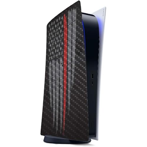 MightySkins Carbon Fiber Gaming Skin for PS5 / Playstation 5 Digital Edition - Thin Red Line | Durable Textured Carbon Fiber Finish | Easy to Apply | Made in The USA