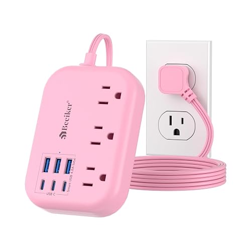 6 USB(3 USB C) Pink Power Strip- 5Ft Pink Extension Cord with 6 USB Charging Station 24W/4.8A and 3 Outlets, Pink Desk Accessories for Cruise Travel Pink Cute Kawaii College Dorm Desk Home Essentials - Pink-6 USB 24W-5ft