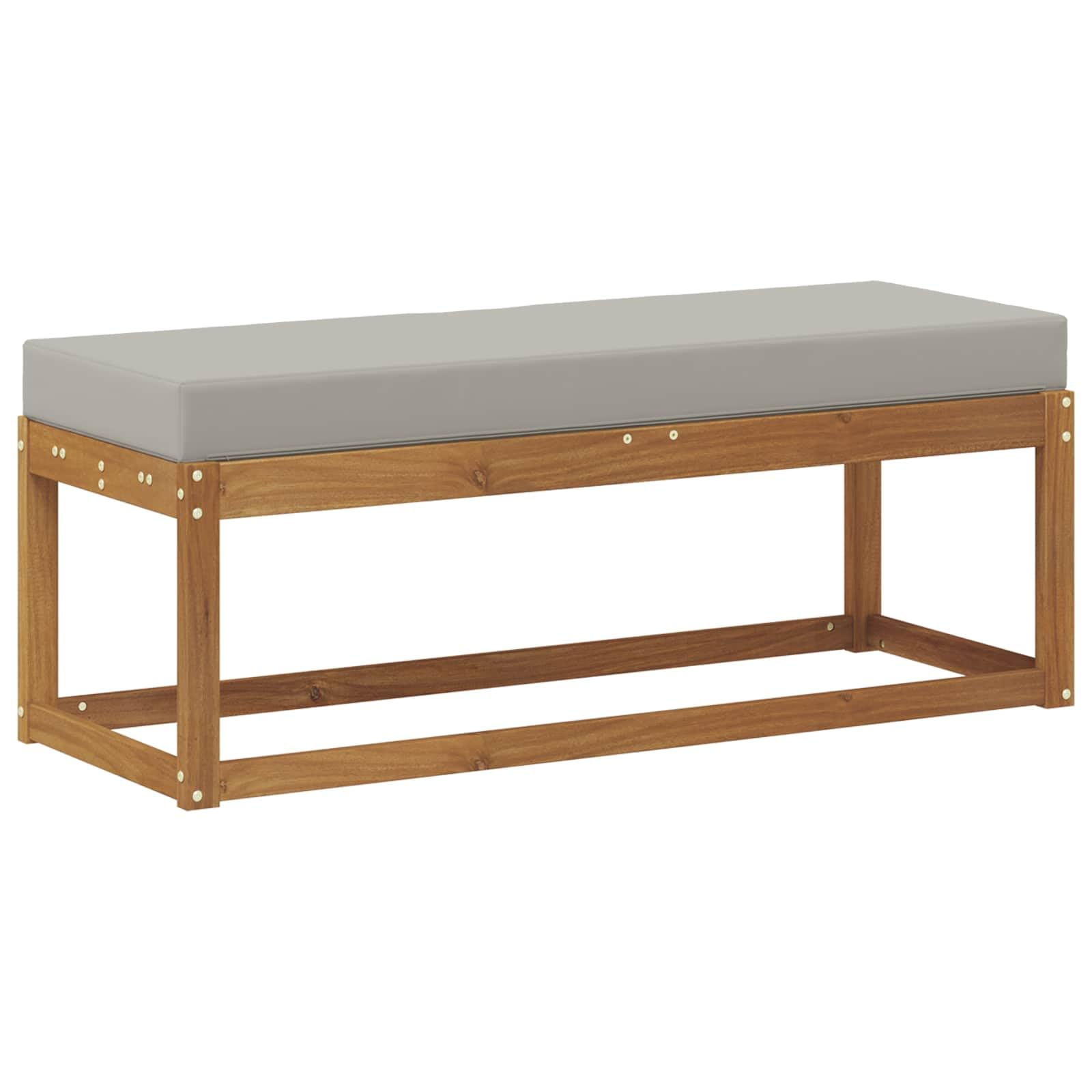 Taboret ławka z poduszką z litego drewna akacjowego, kolor naturalny, jasnoszary, 115 x 43 x 37 cm, odporna na warunki atmosferyczne, modułowa, na taras, balkon, do wypoczynku na świeżym