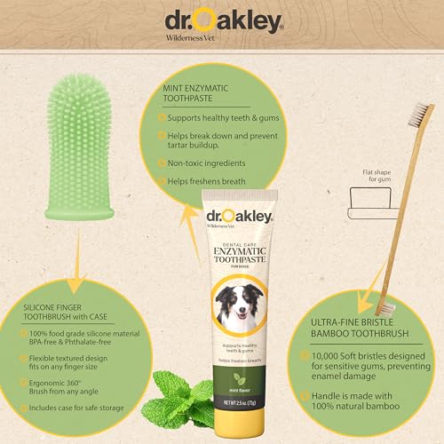 Image of Dr. Oakley Dog Toothpaste Mint Flavor Enzymatic Dental Kit with Toothbrush & Finger Brush Vet Recommended - 3-Piece Set
