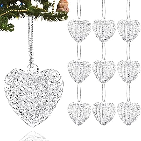 24 Pieces Heart Shape Christmas Glass Ornaments Set, Clear Crystal Heart Shape Spun Hanging Ornament Xmas Gift for Christmas Tree Valentine's Day Holiday Wedding Anniversary Decoration (White) Cover