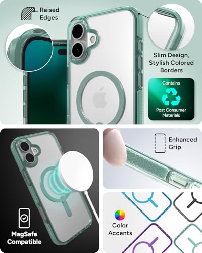 Image of ZAGG Santa Cruz Snap Case for iPhone 16 Plus Case - MagSafe Compatible, 13ft Military-Grade Drop Protection, Graphene Reinforced, Lightweight, 70% Recycled Content, Clear with Color Accents, Green