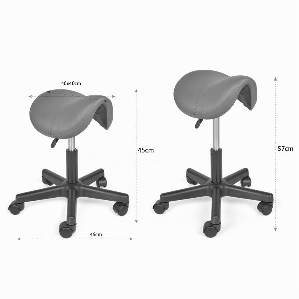 Mingone Taburete de Sillín Ergonómico con Ruedas Taburete de Trabajo Ajustable en Altura Silla de Montar Giratorio 360° para Estudio Oficina, Gris | Asiento acolchado de PU taburete ergonómico, altura ajustable 49,5-65 cm, para salón de belleza, masaje, o