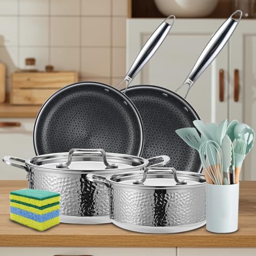 Image of Vivicreate 20 Piece Tri-Ply Stainless Steel Cookware Set, Hammered Pots and Pans Set with 2 Nonstick Frying Pans and Pots with Lids, 304 Interior, Induction Compatible