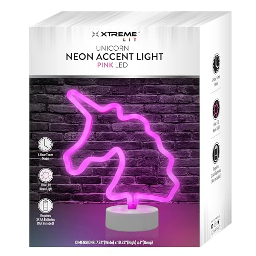 Image of Xtreme Unicorn Neon Pink LED Tabletop Sign with Holder Base, Battery Powered, 4 Hour Timer, Night Light, Christmas or Birthday Gift
