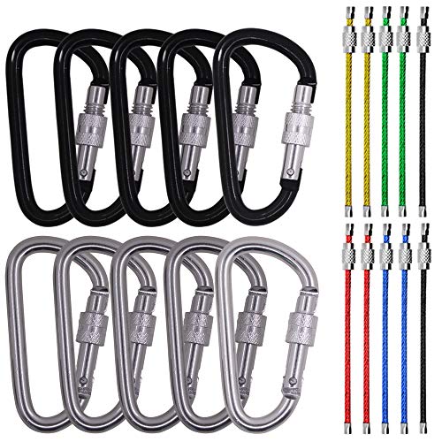 10 Pack D Shape Spring-loaded Strong and Lightweight Large Carabiners Clip Set, SourceTon Outdoor Camping Screw Gate Lock Hooks Stainless Steel Wire Ring Cable Loop