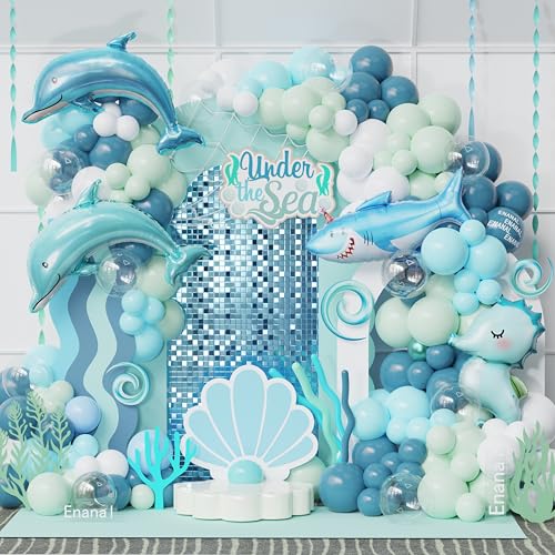 Image of Under the Sea Party Decorations, 154pcs Slate Blue Mist Green Balloon Garland Arch Kit, Bubble Balloons with Dolphin Shark Hippocampus Foil Balloon for Ocean Birthday Party Supplies Shark Party Decor