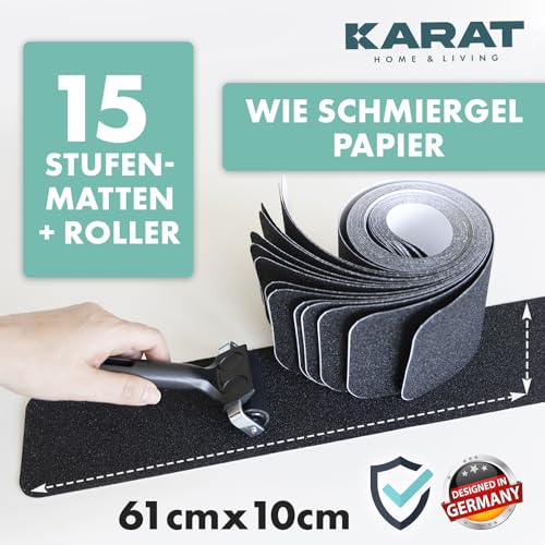 KARAT Antirutschstreifen selbstklebend, 15er Set, 10x61 cm, Anti Rutsch Stufenmatten für Treppe, Antirutschmatte für Treppenstufen Außen, Treppen Matten rutschfest (Nicu)