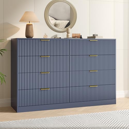 Image of Blue Fluted Dresser Bedroom with 8 Drawer,55 inch Wide White Double Drawer Dresser Modern Chest of Drawers with Gold Handles,Wood TV Stand for Bedroom,Living Room (Blue, 8 Drawer Dresser)