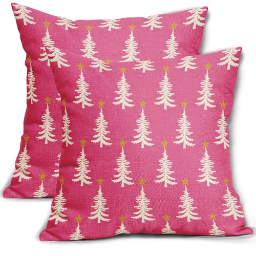 Hot Pink Christmas Pillow Covers 24x24 Set of 2 Xmas Tree Star Rustic Winter Print Decorative Outdoor Pillowcases Farmhouse Vintage Holiday Decorations Throw Cushion Case Decor for Couch Sofa Bed