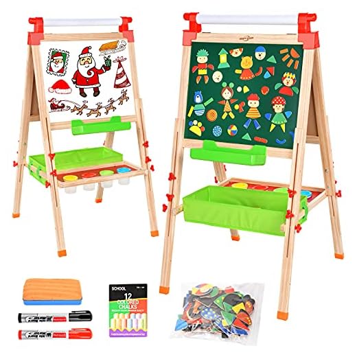 BATTOP Easel for Kids with Paper Roll, Art Easel for Kids 3 in 1 Double Sided Childrens Homeschool Easel Chalkboard Dry Erase Whiteboard Toddler Toy Easel Paint Cups Wooden Adjustable